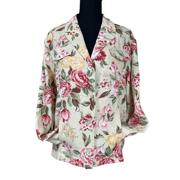 White Stag New Roses Floral Linen Blend Pockets Blazer Jacket Size L - Picture 1 of 11
